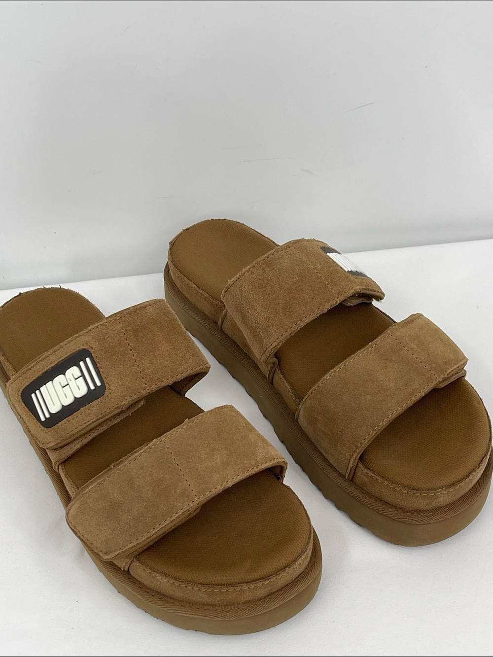 UGG Chestnut Suede Double-Strap Platform Slide Sandals WOMENS SIZE 9